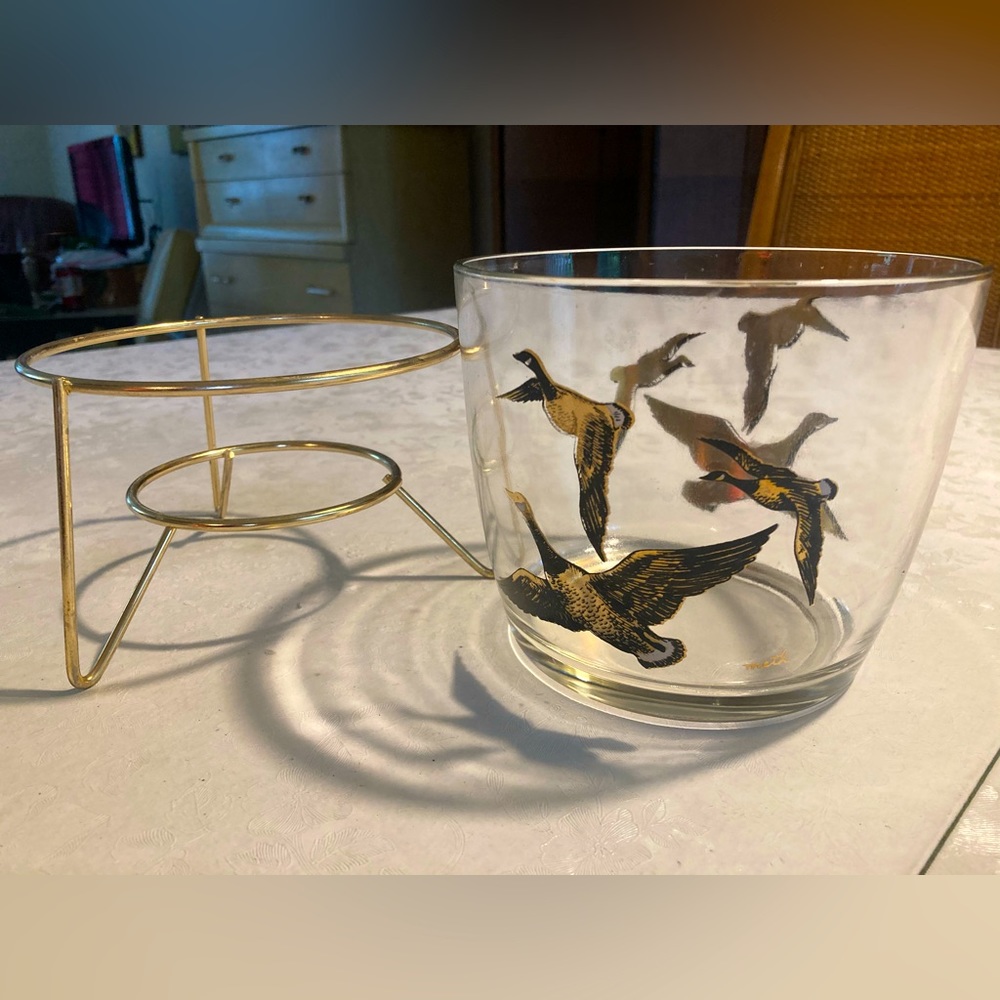 Mid-century signed glass ice bucket & stand